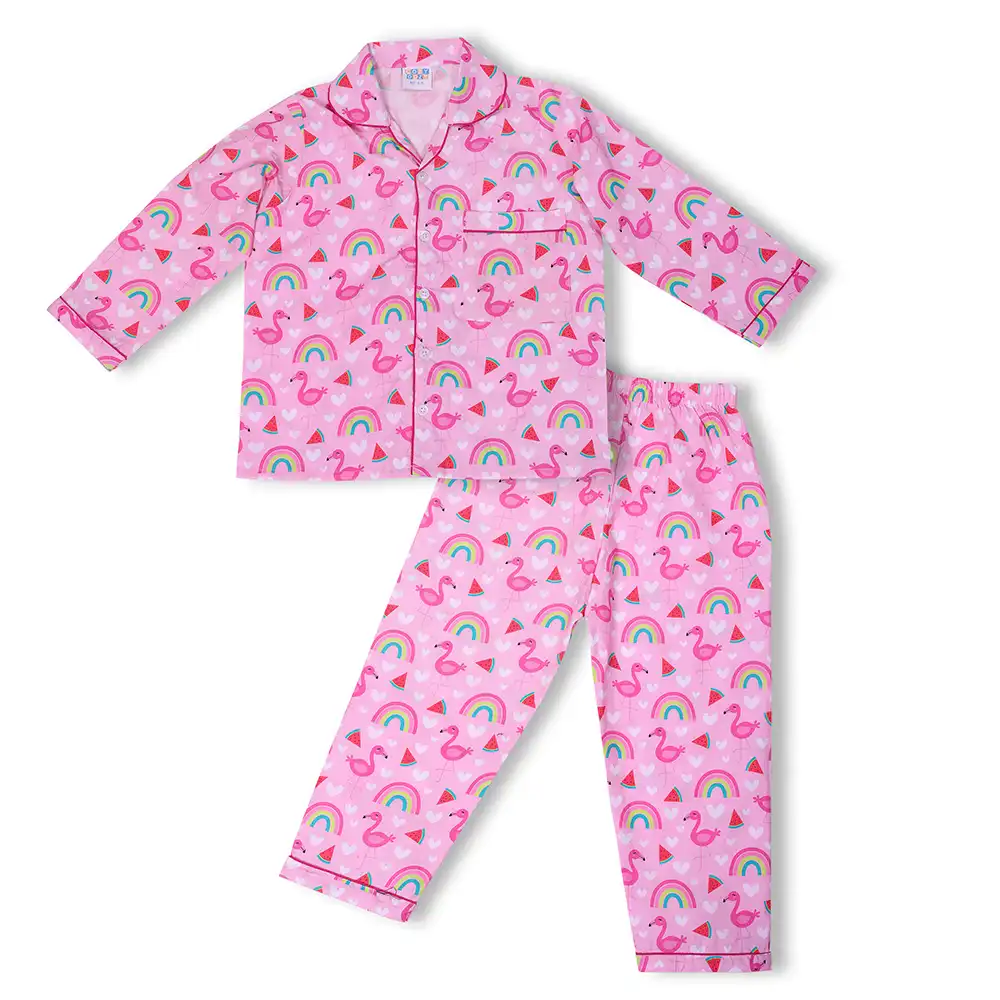 Pink Rainbow Flamingo Cotton Night Suit by Cozy Dozy - Image 4