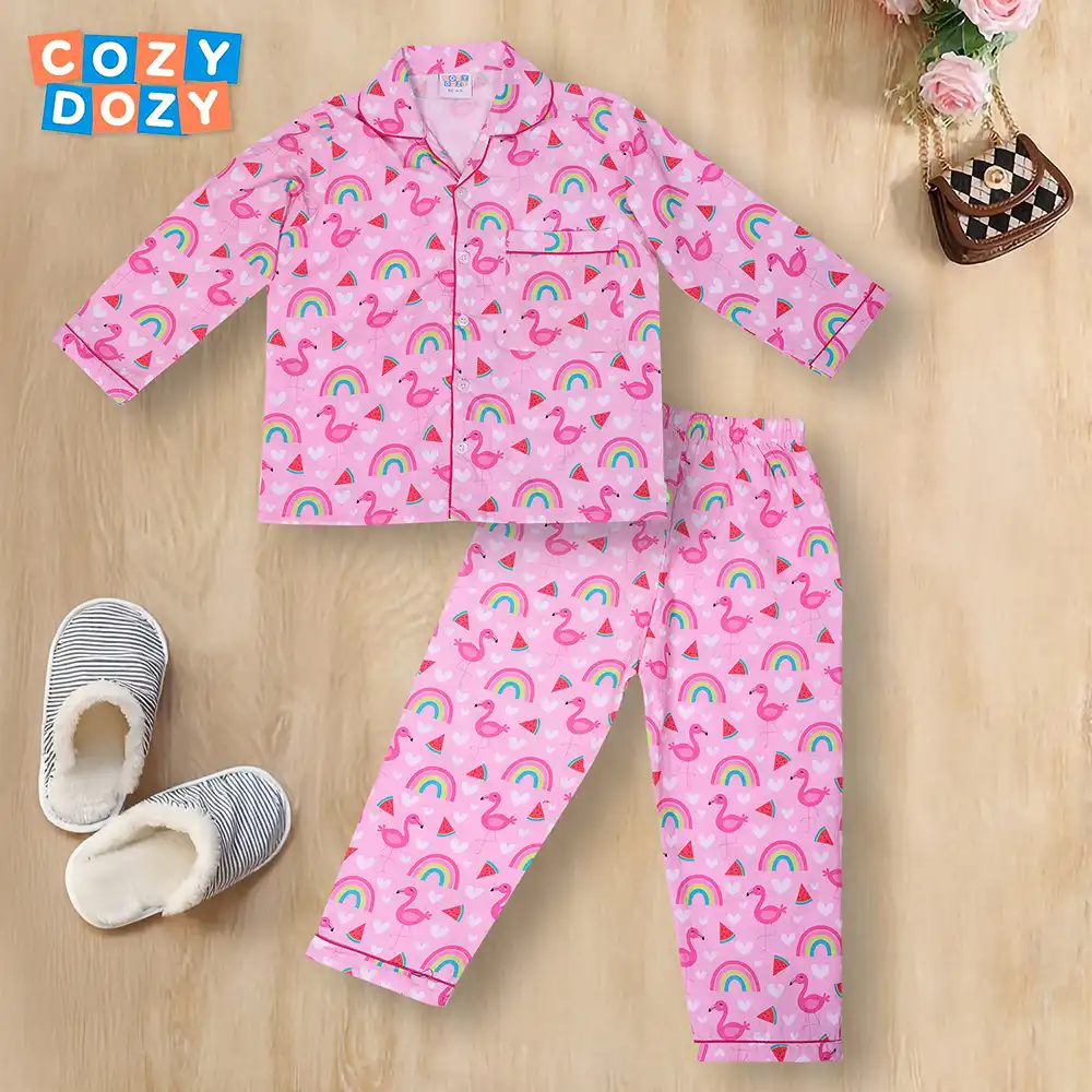 Pink Rainbow Flamingo Cotton Night Suit by Cozy Dozy - Image 2