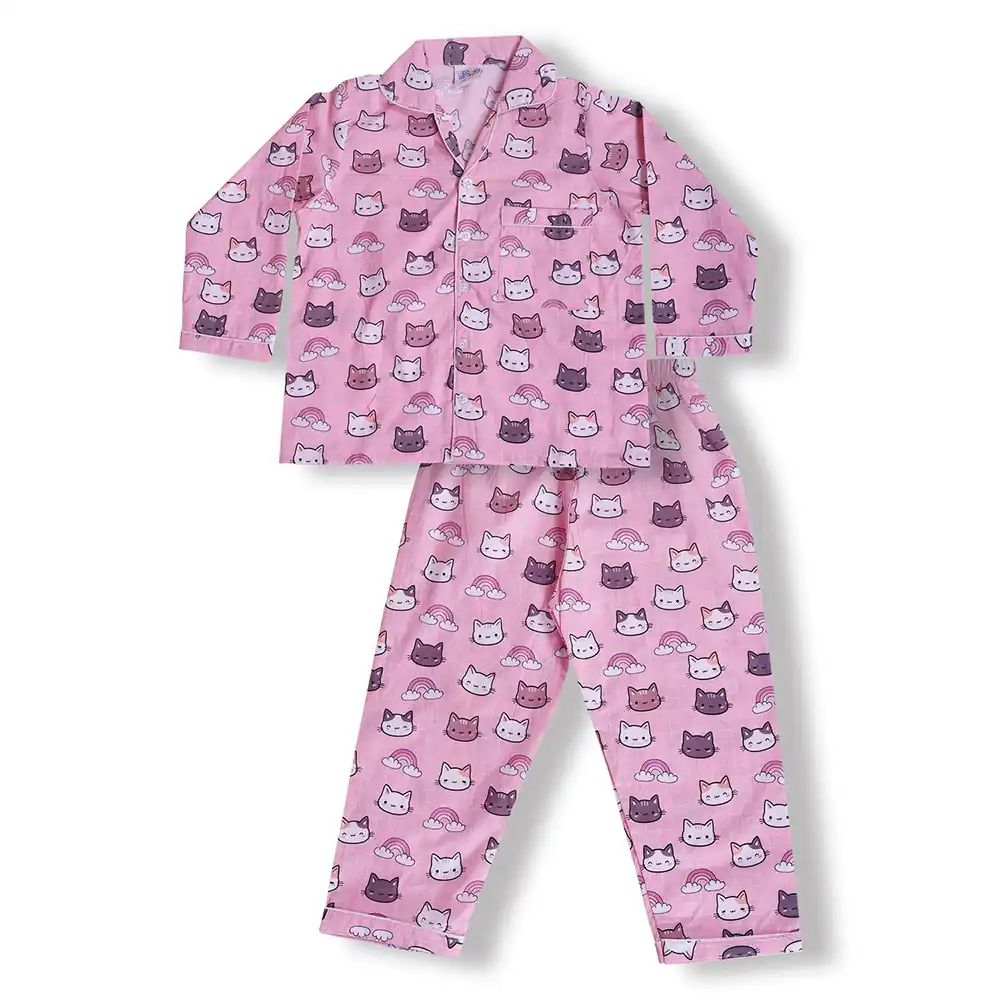 Kids Pink Cotton Cat Print Night Suit Set | Cute Full Sleeve Pajama Set by Cozy Dozy - Image 7