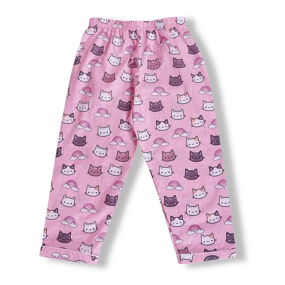 Kids Pink Cotton Cat Print Night Suit Set | Cute Full Sleeve Pajama Set by Cozy Dozy - Image 6