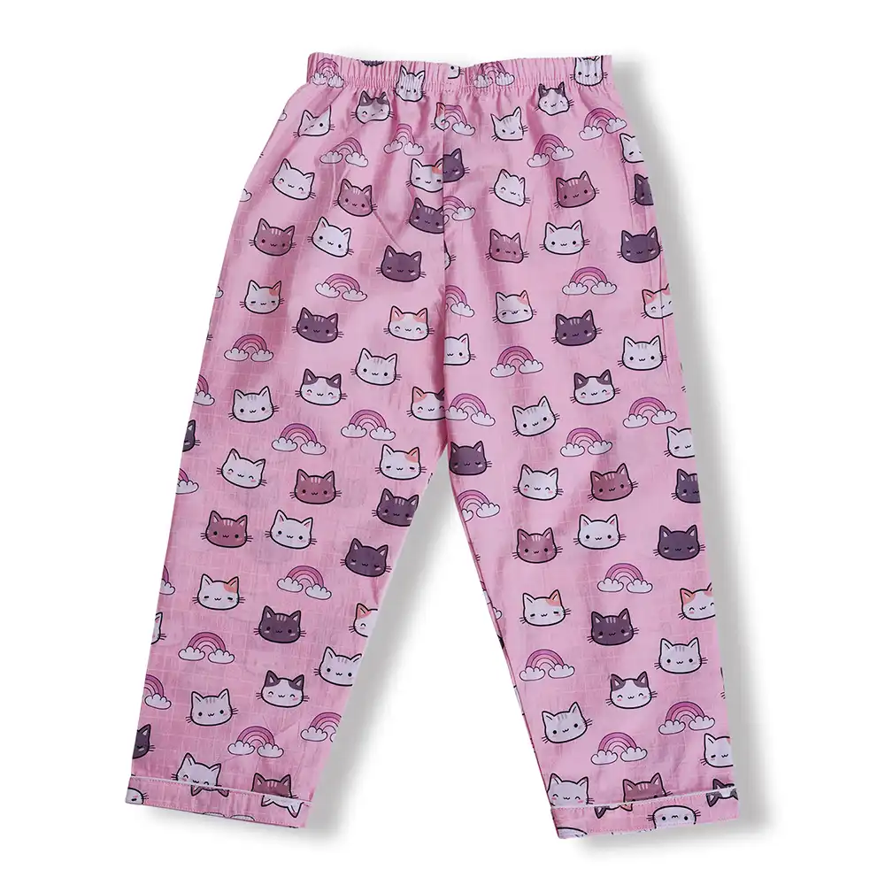 Kids Pink Cotton Cat Print Night Suit Set | Cute Full Sleeve Pajama Set by Cozy Dozy - Image 5