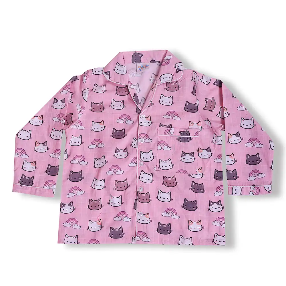 Kids Pink Cotton Cat Print Night Suit Set | Cute Full Sleeve Pajama Set by Cozy Dozy - Image 4
