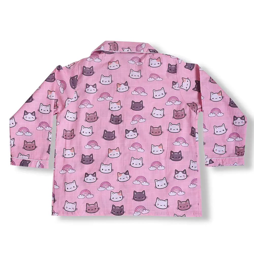 Kids Pink Cotton Cat Print Night Suit Set | Cute Full Sleeve Pajama Set by Cozy Dozy - Image 2