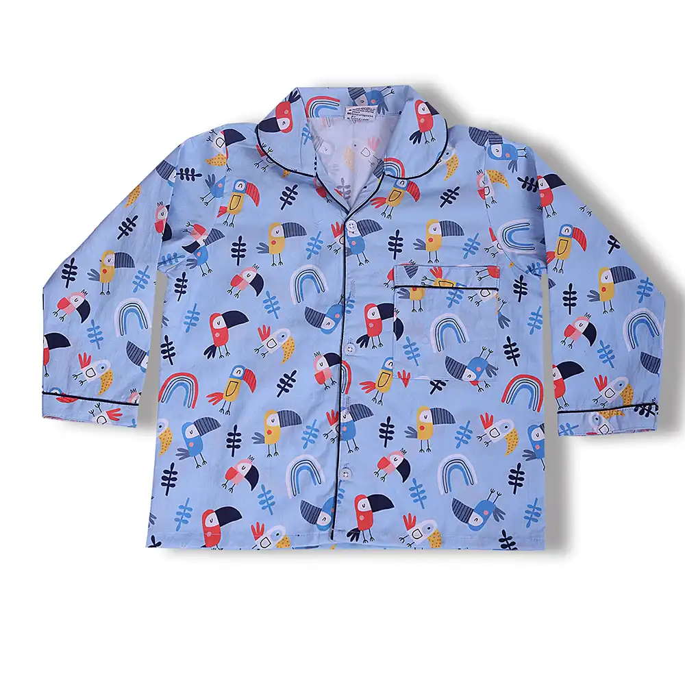 Tropical Bird Kids Night Suit Set – Blue Cotton Sleepwear by Cozy Dozy - Image 4