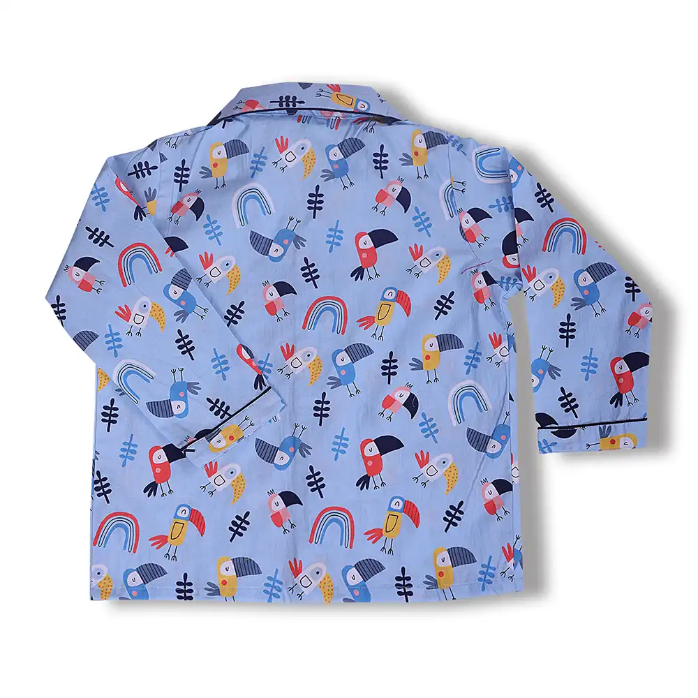 Tropical Bird Kids Night Suit Set – Blue Cotton Sleepwear by Cozy Dozy - Image 2
