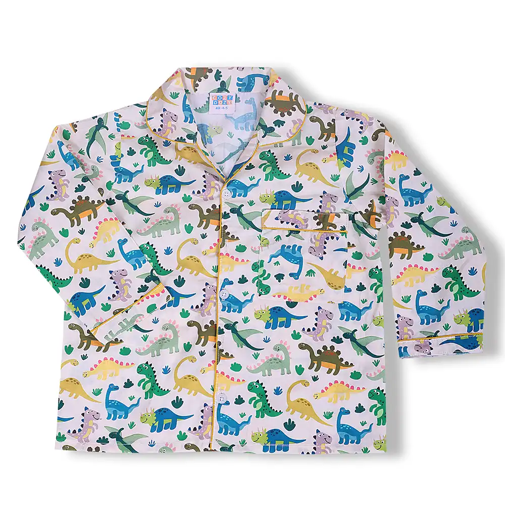 Dino Fun Kids Night Suit Set – White Cotton Sleepwear by Cozy Dozy - Image 4