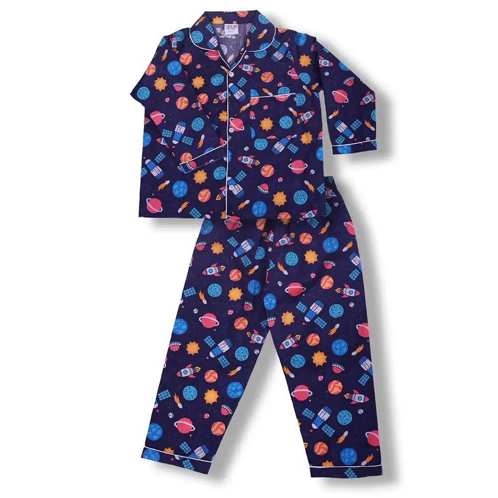 Navy Space Print Cotton Night Suit Set by Cozy Dozy - Image 6