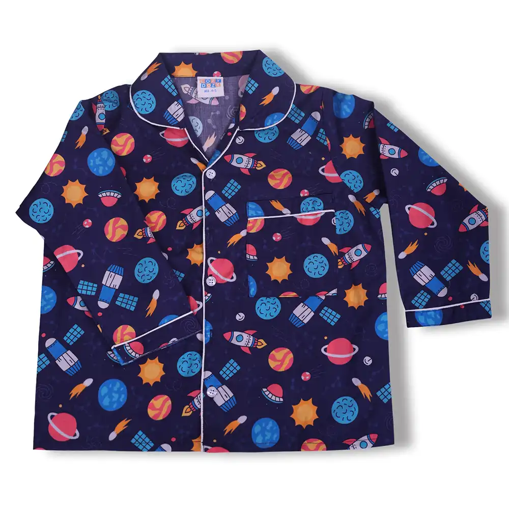 Navy Space Print Cotton Night Suit Set by Cozy Dozy - Image 4