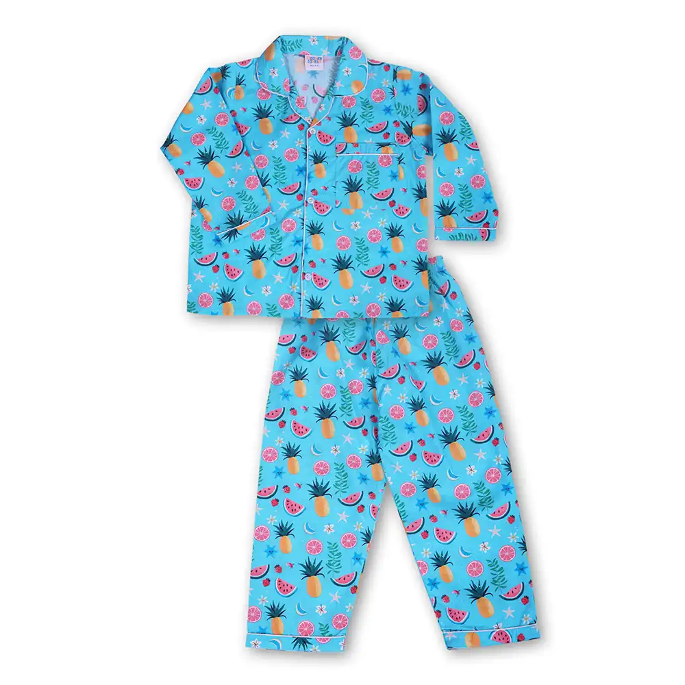 Cozy Dozy Blue Tropical Cotton Night Suit Set - Image 4